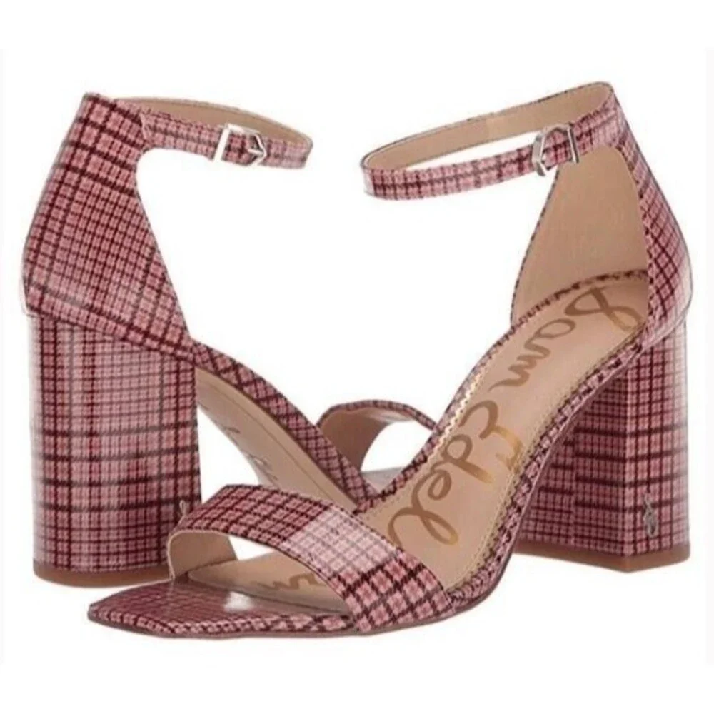 Sam Edelman Pink Plaid Yaro Daniella Block Heel Faux Leather Sandals 9.5